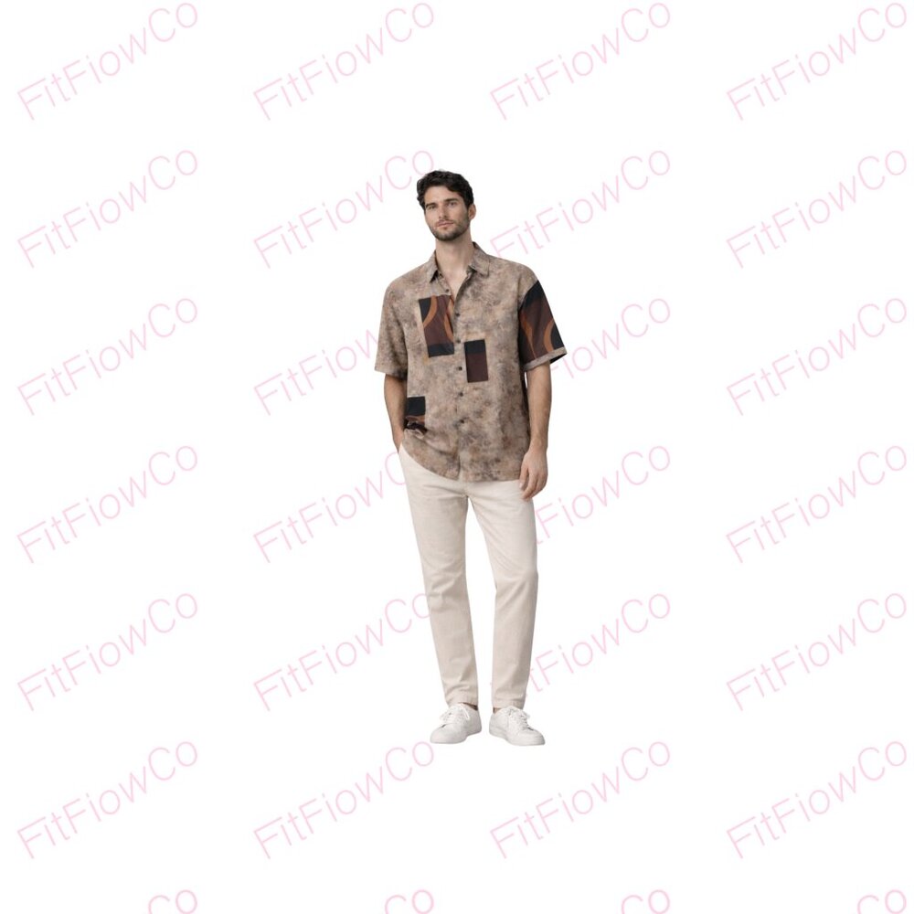 Ficco by Connection Silk-LikeAbstract Print Button-Down Shirt  Short Sleeve Sz L